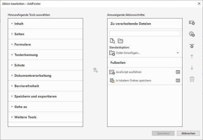 Javascript-Aktion für Fußzeilen in Adobe Acrobat Pro im Aktionsassistenten erstellen.